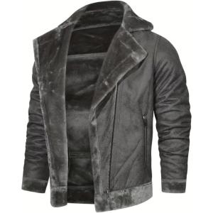 imageINVACHI Mens Faux Leather Fleece Jacket Sherpa Lined Warm Jacket FallampampWinter Trucker Jacket with Fur Notched LapelGrey