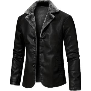 imageINVACHI Mens Faux Leather Fur Collar MidLength Jacket Padded Lining Winter Warm Lapel Trench CoatBlack