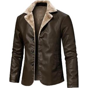 imageINVACHI Mens Faux Leather Fur Collar MidLength Jacket Padded Lining Winter Warm Lapel Trench CoatBrown