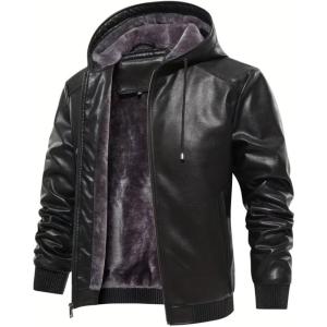 imageINVACHI Mens Faux Leather Jacket Fleece Lining Motorcycle Jacket Waterproof Windproof PU Bomber Jacket HoodedBlack