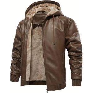 imageINVACHI Mens Faux Leather Jacket Fleece Lining Motorcycle Jacket Waterproof Windproof PU Bomber Jacket HoodedBrown