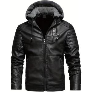imageINVACHI Mens Faux Leather Jacket Fleece Lining Motorcycle Jacket Waterproof Windproof PU Bomber Jacket HoodedNewblack