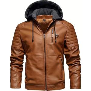 imageINVACHI Mens Faux Leather Jacket Fleece Lining Motorcycle Jacket Waterproof Windproof PU Bomber Jacket HoodedNewbrown