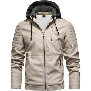 imageINVACHI Mens Faux Leather Jacket Fleece Lining Motorcycle Jacket Waterproof Windproof PU Bomber Jacket HoodedNewwhite