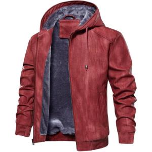 imageINVACHI Mens Faux Leather Jacket Fleece Lining Motorcycle Jacket Waterproof Windproof PU Bomber Jacket HoodedRed