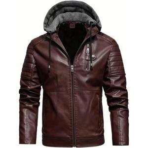 imageINVACHI Mens Faux Leather Jacket Fleece Lining Motorcycle Jacket Waterproof Windproof PU Bomber Jacket HoodedWine Red