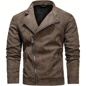 imageINVACHI Mens Faux Leather Jacket Lightweight Motorcycle Riding Jacket with Stand CollarBrown