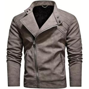 imageINVACHI Mens Faux Leather Jacket Lightweight Motorcycle Riding Jacket with Stand CollarKhaki