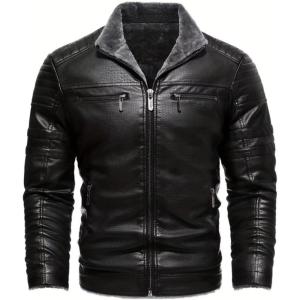 imageINVACHI Mens Faux Leather Jacket Waterproof Motorcycle Jacket Men Sherpa Lined Bomber Jacket Men with Fur LapelBlack