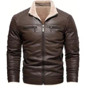 imageINVACHI Mens Faux Leather Jacket Waterproof Motorcycle Jacket Men Sherpa Lined Bomber Jacket Men with Fur LapelBrown