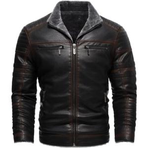 imageINVACHI Mens Faux Leather Jacket Waterproof Motorcycle Jacket Men Sherpa Lined Bomber Jacket Men with Fur LapelRetro Black