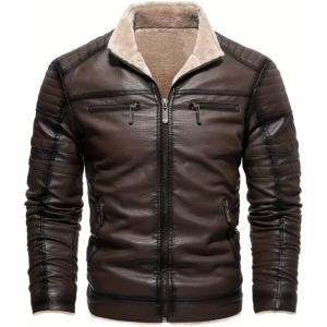 imageINVACHI Mens Faux Leather Jacket Waterproof Motorcycle Jacket Men Sherpa Lined Bomber Jacket Men with Fur LapelRetro Brown