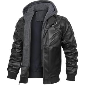 imageINVACHI Mens Faux Leather Motorcycle Jacket Biker Coat with Hood PU Waterproof Vintage Bomber for Men02black