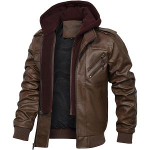 imageINVACHI Mens Faux Leather Motorcycle Jacket Biker Coat with Hood PU Waterproof Vintage Bomber for Men02brown