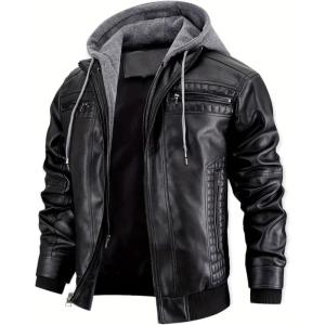 imageINVACHI Mens Faux Leather Motorcycle Jacket Biker Coat with Hood PU Waterproof Vintage Bomber for MenBlack