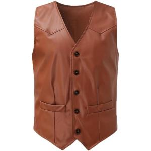 imageINVACHI Mens Faux Leather Suit Vest Western Cowboy Vest Men VNeck Dress WaistcoatsBrown