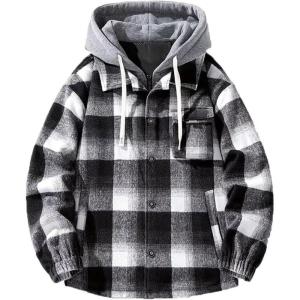 imageINVACHI Mens Flannel Plaid Jacket with Hood Casual Fall Jacket for Men Lightweight Cargo JacketBlack