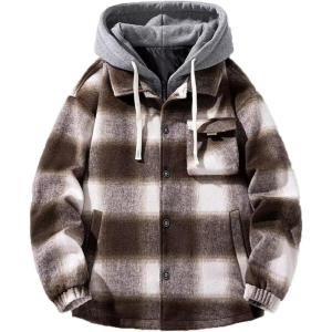 imageINVACHI Mens Flannel Plaid Jacket with Hood Casual Fall Jacket for Men Lightweight Cargo JacketBrown