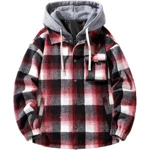 imageINVACHI Mens Flannel Plaid Jacket with Hood Casual Fall Jacket for Men Lightweight Cargo JacketRed