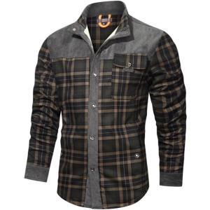 imageINVACHI Mens Plaid Corduroy Jacket Flannel Shirt Jacket Sherpa Lined Shacket MenDeep Army Green