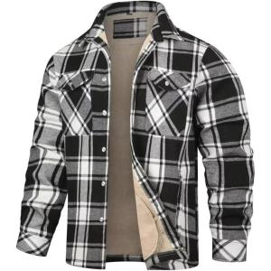 imageINVACHI Mens Plaid Shirt Jacket Flannel Sherpa Lined Jacket Mens Casual Cotton Lightweight JacketBlack