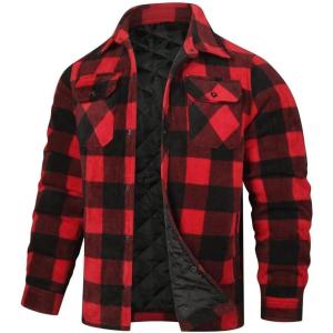 imageINVACHI Mens Plaid Shirt Jacket Flannel Sherpa Lined Jacket Mens Casual Cotton Lightweight JacketQuilted Red
