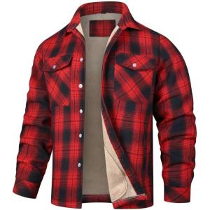 imageINVACHI Mens Plaid Shirt Jacket Flannel Sherpa Lined Jacket Mens Casual Cotton Lightweight JacketRed