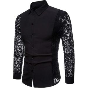 imageINVACHI Mens Sexy Lace See Through Shirts Blouse Long Sleeve Button Down Fishnet Sheer ShirtsBlack 080