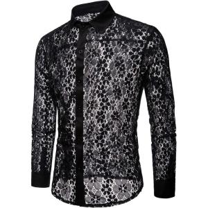imageINVACHI Mens Sexy Lace See Through Shirts Blouse Long Sleeve Button Down Fishnet Sheer ShirtsBlack