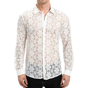 imageINVACHI Mens Sexy Lace See Through Shirts Blouse Long Sleeve Button Down Fishnet Sheer ShirtsWhite