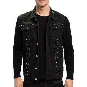 imageINVACHI Mens Slim Fit Punk Denim Vest Sleeveless Jeans Vest Jacket with RivetsBlack