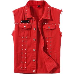 imageINVACHI Mens Slim Fit Punk Denim Vest Sleeveless Jeans Vest Jacket with RivetsRed
