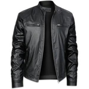 imageINVACHI Mens Stand Collar Faux Leather Jacket Slim Fit Motorcycle Jacket Waterproof Biker Jacket