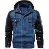 imageINVACHI Mens Denim Trucker Biker Jacket with PU Leather Patchwork Vintage Casual Jean Wash JacketHooded Blue