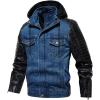 imageINVACHI Mens Denim Trucker Biker Jacket with PU Leather Patchwork Vintage Casual Jean Wash JacketHooded Blue
