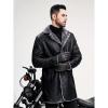 imageINVACHI Mens Faux Leather Jacket Faux Fur Lapel Long Trench Coat Sherpa Lined Warm Winter CoatBlack