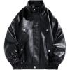 imageINVACHI Mens Faux Leather Jacket Waterproof Motorcycle Jacket ZipUp High Collar Biker Jacket for MenBlack
