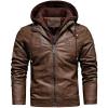 imageINVACHI Mens Hooded Faux Leather Jacket Waterproof Fleece Lined Jacket Leather Biker Jacket MenBrown
