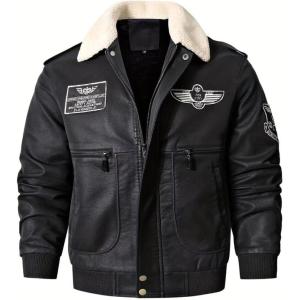 imageINVACHI Faux Leather Bomber Jacket Men Aviator Jacket Men Winter Fleece Lined Jacket with Fur CollarBlack