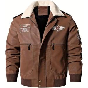 imageINVACHI Faux Leather Bomber Jacket Men Aviator Jacket Men Winter Fleece Lined Jacket with Fur CollarBrown