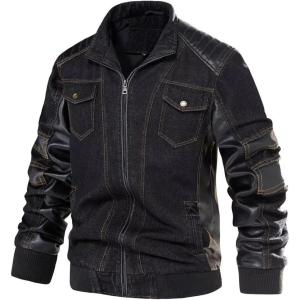 imageINVACHI Mens Denim Trucker Biker Jacket with PU Leather Patchwork Vintage Casual Jean Wash JacketAblack