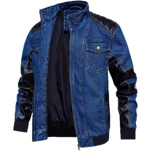 imageINVACHI Mens Denim Trucker Biker Jacket with PU Leather Patchwork Vintage Casual Jean Wash JacketAblue