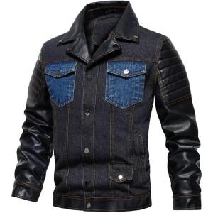 imageINVACHI Mens Denim Trucker Biker Jacket with PU Leather Patchwork Vintage Casual Jean Wash JacketBlackblack