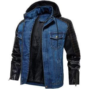 imageINVACHI Mens Denim Trucker Biker Jacket with PU Leather Patchwork Vintage Casual Jean Wash JacketHooded Blue