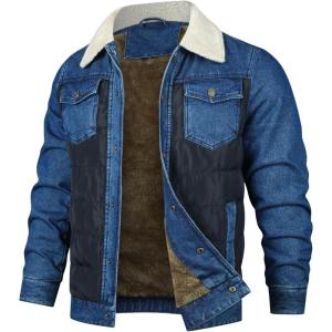 imageINVACHI Mens Denim Trucker Biker Jacket with PU Leather Patchwork Vintage Casual Jean Wash JacketThick Blue