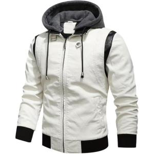 imageINVACHI Mens Faux Leather Bomber Jacket Hooded Motorcycle Jacket WaterampampWind Resistant Biker Jakcet MenWhite