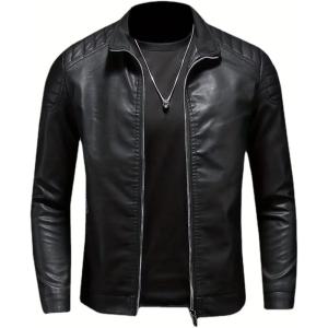 imageINVACHI Mens Faux Leather Jacket Casual Slim Fit Biker Motorcycle Jacket with Stand CollarBlack