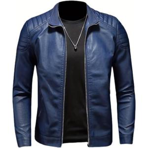 imageINVACHI Mens Faux Leather Jacket Casual Slim Fit Biker Motorcycle Jacket with Stand CollarBlue