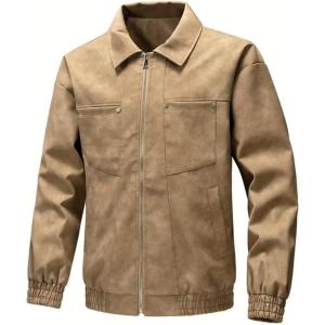 imageINVACHI Mens Faux Leather Jacket Casual Vintage Lightweight Motorcycle Jacket Slim Fit ZipUp Trucker JacketKhaki