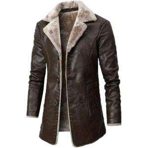 imageINVACHI Mens Faux Leather Jacket Faux Fur Lapel Long Trench Coat Sherpa Lined Warm Winter CoatBrown